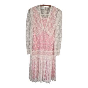 Vintage Gunne Sax Dress Edwardian Lace Wedding Flower Girl Juniors Sz 14 XS